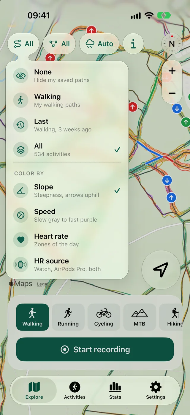 The My paths menu in Cardio Trails over a map of slope-colored paths, offering to color them by slope, speed, heart rate or heart-rate source.